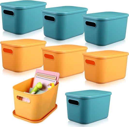 Hoolerry 8 Pieces Colorful Storage Bins with Lid, Plastic Storage Basket Organizing Container Stackable Box with Handle for Shelves Desktop Playroom Office(10.2 x 7 x 6.3 Inch,Green and Yellow)