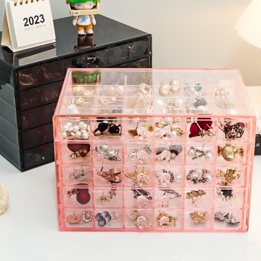 Earring Storage Box Organizer, Acrylic Jewelry Storage Box Holder 5 Drawers Transparent Jewelry Display Stand with 120 Small Compartments Gift Boxes for Women Girls (Clear Pink)