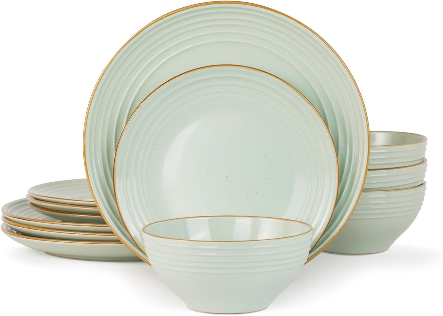 Famiware Jupiter Dinnerware Set, Plates and Bowls Dish Sets for 4 (12 Pieces), Microwave and Dishwasher Safe Stoneware Speckled Tableware, Chip and Scratch Resistant, Light Green