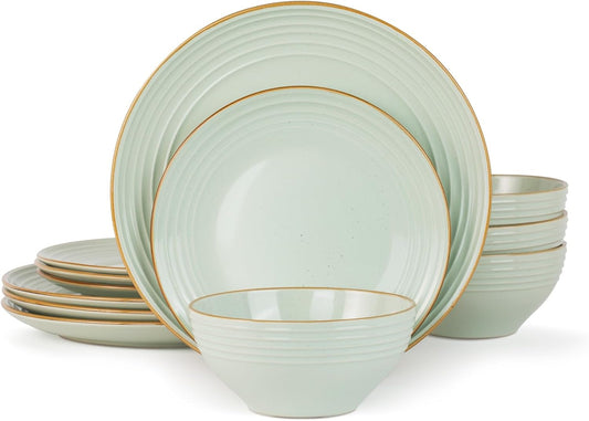 Famiware Jupiter Dinnerware Set, Plates and Bowls Dish Sets for 4 (12 Pieces), Microwave and Dishwasher Safe Stoneware Speckled Tableware, Chip and Scratch Resistant, Light Green