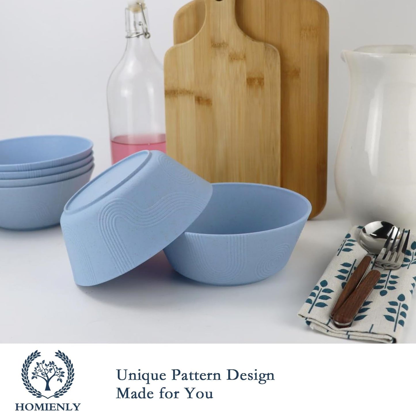 Homienly Alternatives Plastic Bowls - 36oz Cereal & Soup Bowls, Set of 6, Microwave & Dishwasher Safe, Sky Blue