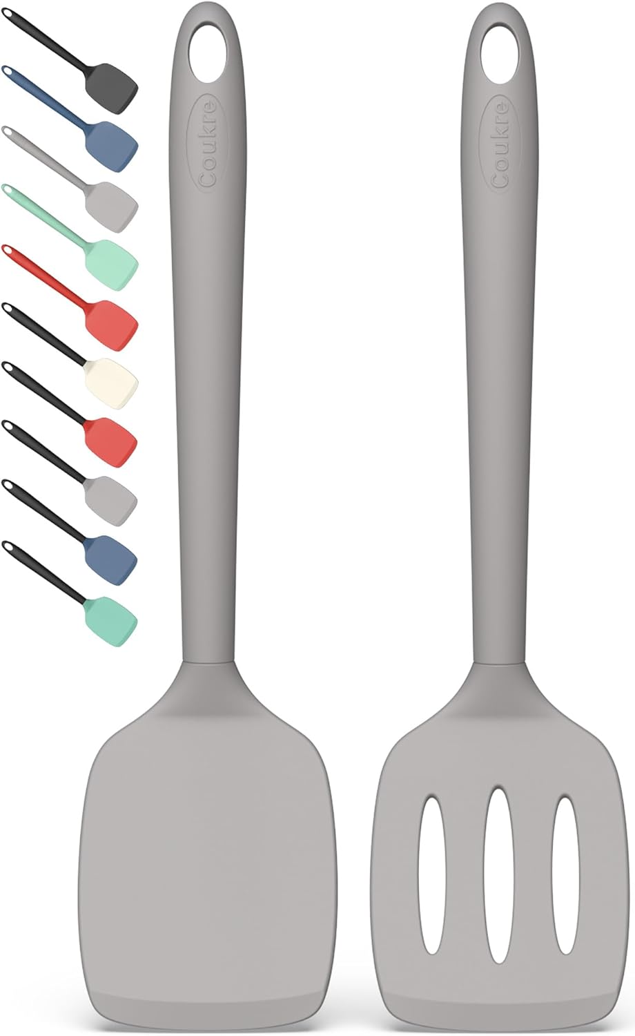 Coukre 2 Pack Silicone Spatula Set, High Heat Resistant, BPA Free Kitchen Spatula, Solid & Slotted Turner for Non-Stick Pans, Sautéing, and Flipping (2, PureGray)