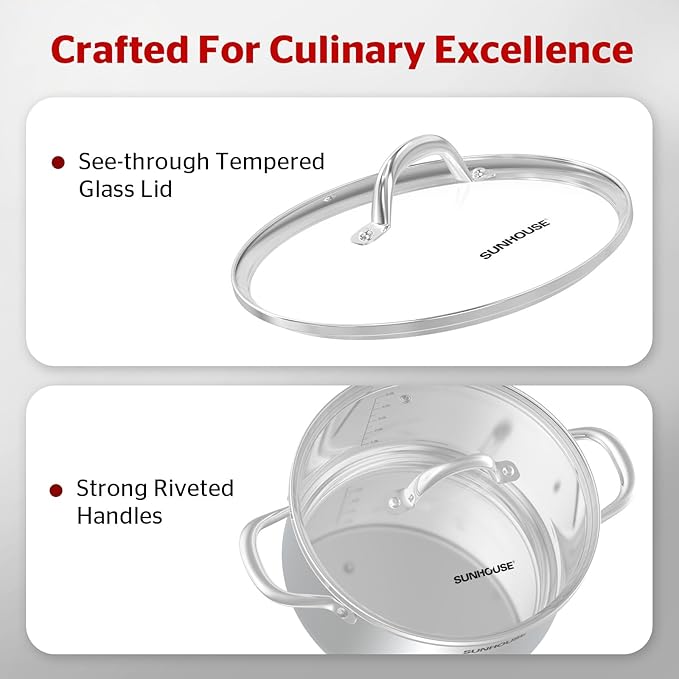 SUNHOUSE 15.5 -Quart Stainless Steel Stockpot – Heavy-Duty Induction Pot with Lid and Riveted Handles – Ideal for Soup, Seafood, Stock, Canning, and Catering for Large Groups and Events