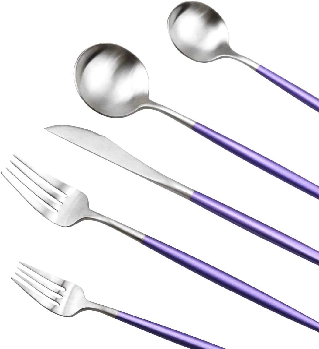 JASHII Silverware Sets, 5-Piece Flatware 18/10 Stainless Steel Heavy Weight Forged Cutlery Eating Utensils Forks Spoons Knives Set Tableware Service for 1 Matte Finished (Purple & Silver)