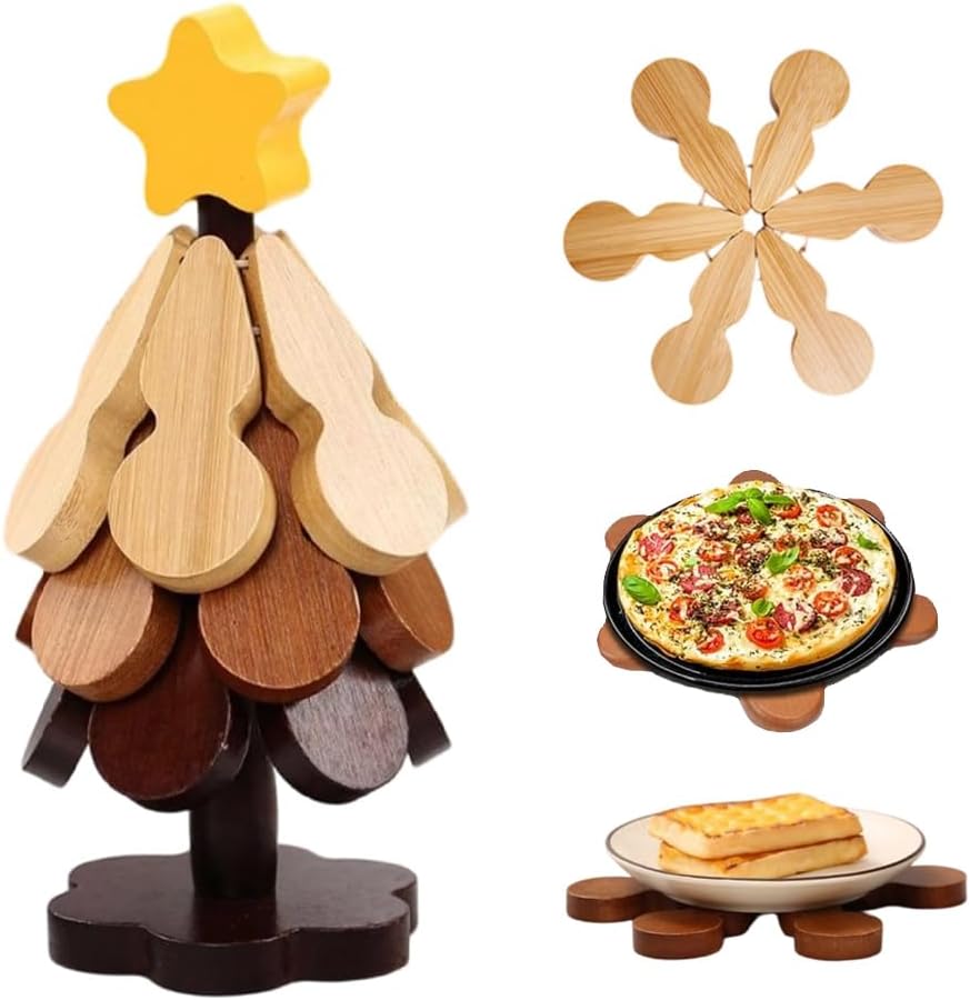 Natural Wood Tree Trivet Set, 2026 New Foldable Wooden Trivets with 3 Trivets & 1 Stand, Kitchen Wooden Tree Shape Trivet Set for Hot Dishes, Pot, Bowl, Teapot, Hot Pot Holders (A)