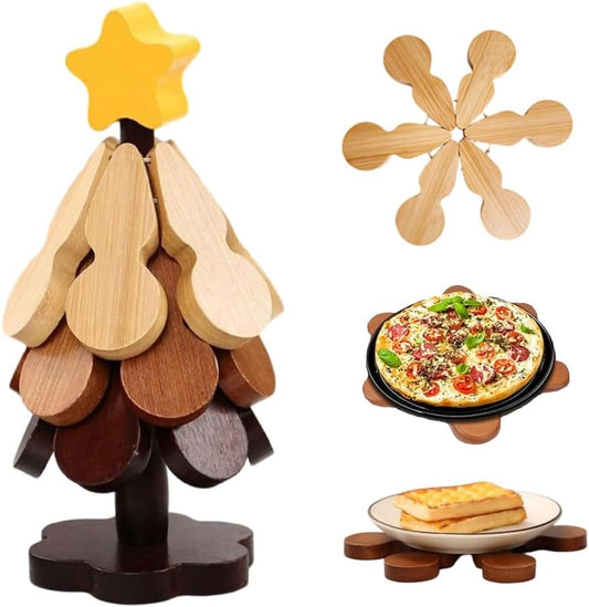 Natural Wood Tree Trivet Set, 2026 New Foldable Wooden Trivets with 3 Trivets & 1 Stand, Kitchen Wooden Tree Shape Trivet Set for Hot Dishes, Pot, Bowl, Teapot, Hot Pot Holders (A)