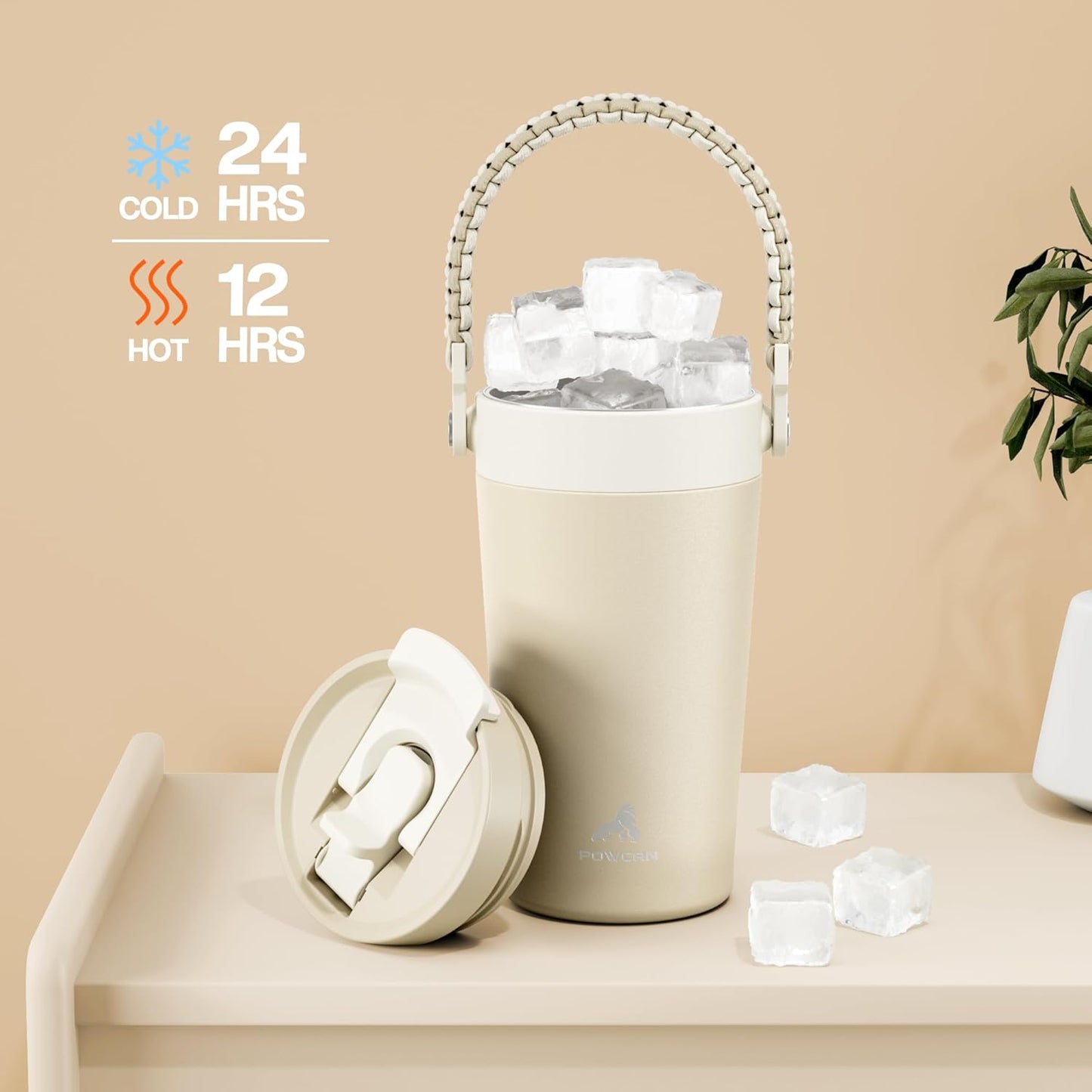 16 oz Insulated Coffee Mug for Office: 2-in-1 Straw Flip Lid, Keep Cold 24H, Fit in Car Cupholder, Leakproof, Stainless Steel Coffee Tumbler with Handle for Travel, Sports, Gifts and Home (Oat)