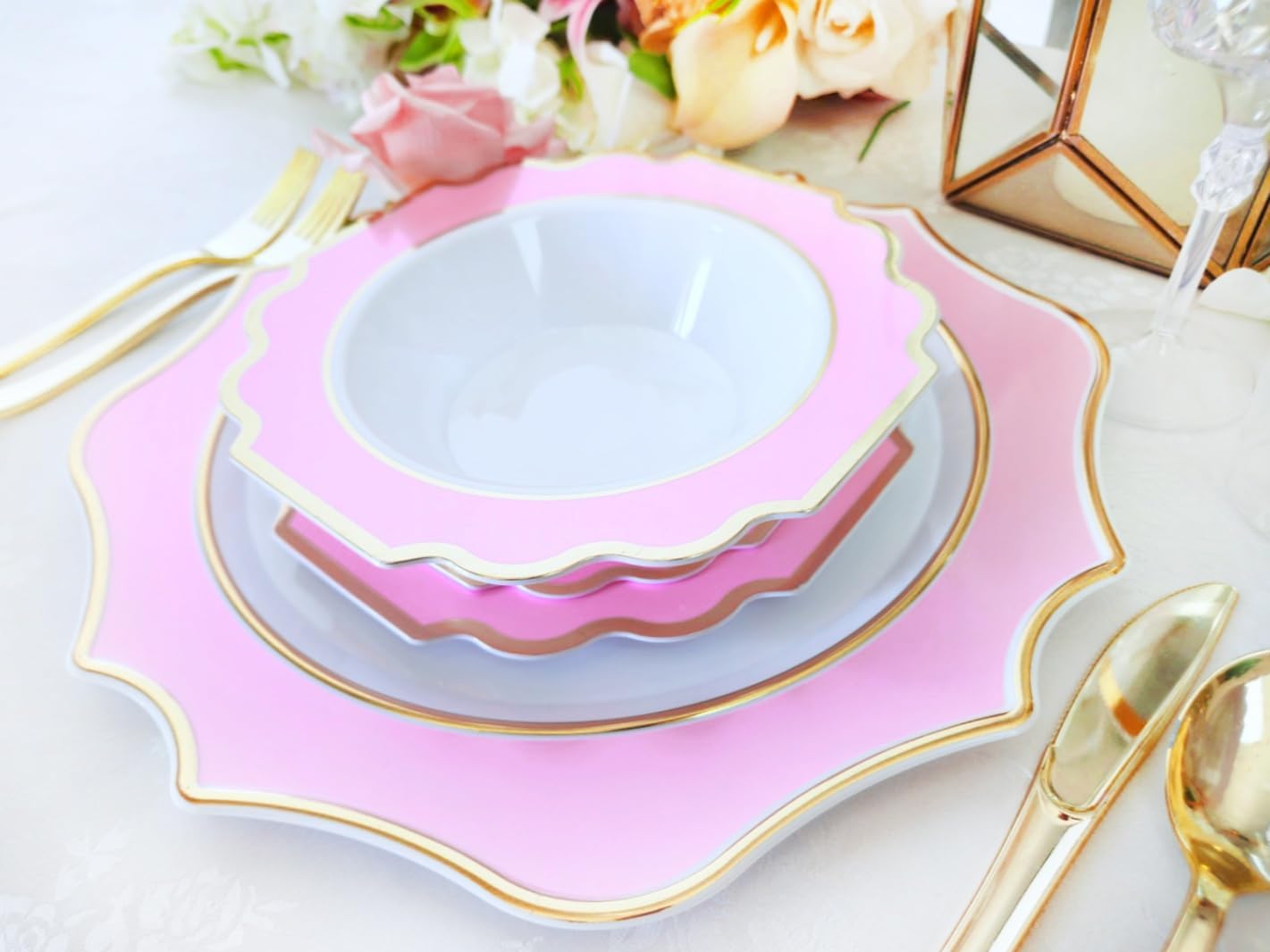" OCCASIONS " 80 Plates Pack,(40 Guests) Heavyweight Premium Wedding Party Disposable Plastic Plates Set -40 x 10.5'' Dinner + 40 x 8'' Salad/Dessert(Imperial in Light Pink & Gold)