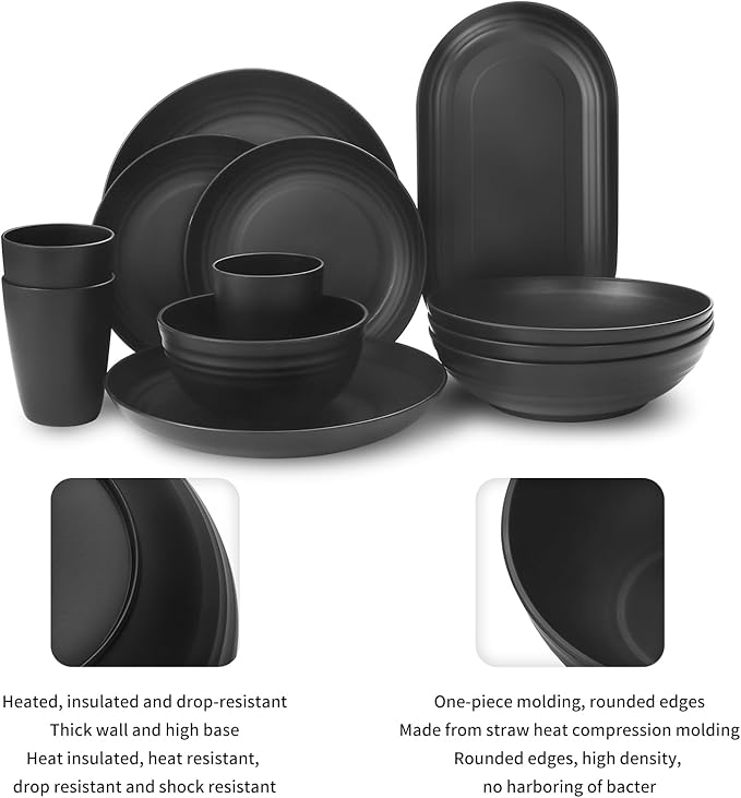 Lazycorner 48-Pcs Kitchen Wheat Straw Dinnerware Set, Service for 8, Plastic Reuasble Dinner Dishes Serving Plate Set for Kitchen, Including Dinner Plate, Dessert Plate, Bowl, Cup(Black)