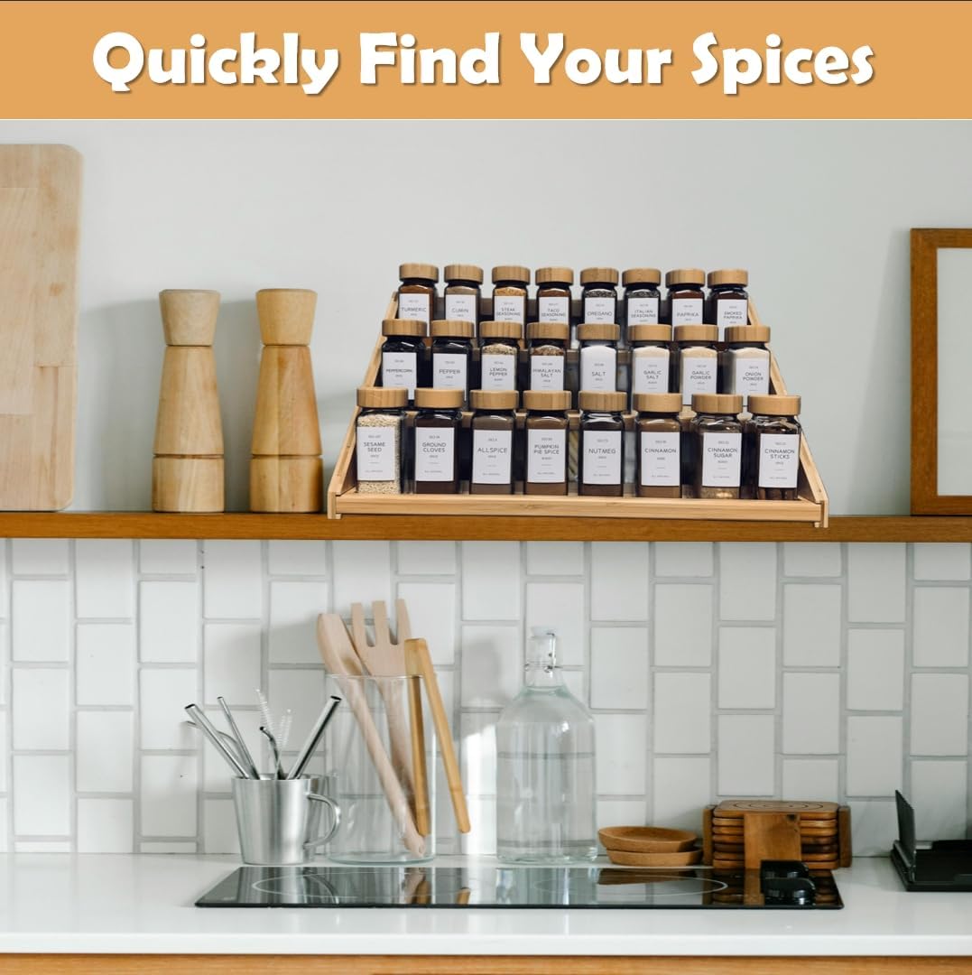 Bamboo Spice Rack: Large Spice Shelf for Kitchen Countertop Pantry Cabinet Organizer, Holds 24 Spice Jars (1.8")