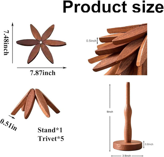 Wooden Tree Coasters with Holder,4 Wooden Trivets+1 Stand stored+1 Kitchen Cleaning Sponges+1 Oven Gloves Silicone Heat for Hot Dishes Decorative Christmas Tree Shape (Walnut Color-4 Layers)