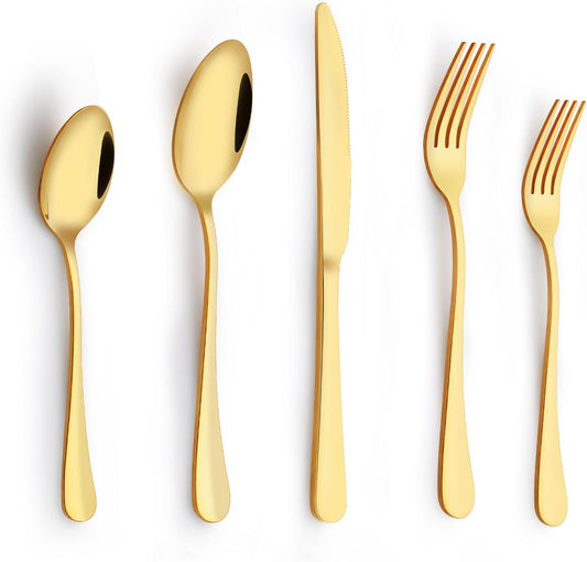 Gold Silverware Set, 30 Piece Flatware Cutlery Set for 6, 18/0 Stainless Steel Silverware, Mirror Polished Cutlery Utensil Set Includes Knife Fork Spoon For Home Kitchen Restaurant Gift
