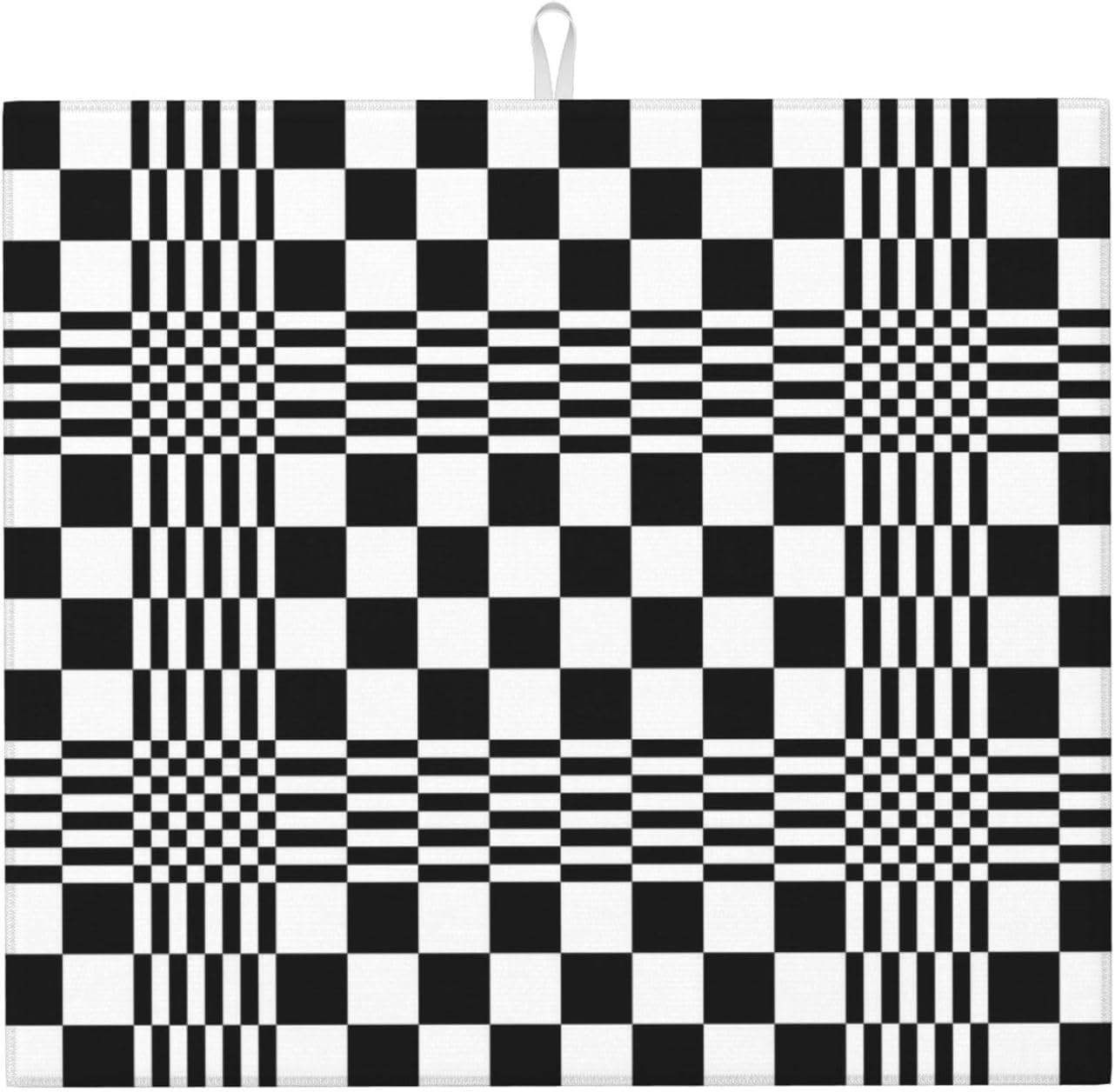 Black White Checkerboard Optical Art Dish Drying Mat for Kitchen Counter & Sink, Absorbent Microfiber Drying Pad for Dishes, Foldable Modern Geometric Kitchen Mat for Dining Area Home Decor, 16" x 18"