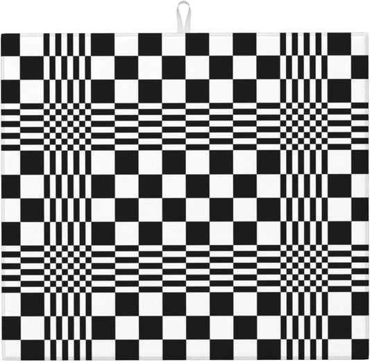 Black White Checkerboard Optical Art Dish Drying Mat for Kitchen Counter & Sink, Absorbent Microfiber Drying Pad for Dishes, Foldable Modern Geometric Kitchen Mat for Dining Area Home Decor, 16" x 18"