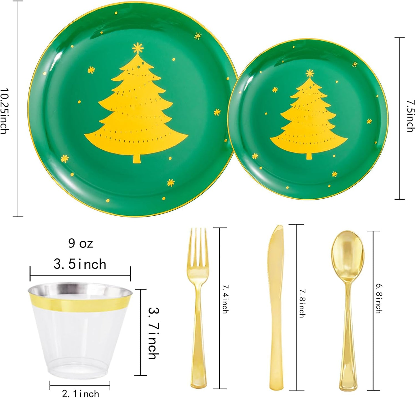 WDF 150pcs Christmas Plates Plastic Disposable - 25 Guests Green Plates with Gold Tree, Gold Plastic Silverware, Clear Gold Cups, Christmas Design Perfect for Christmas Parties, EJ