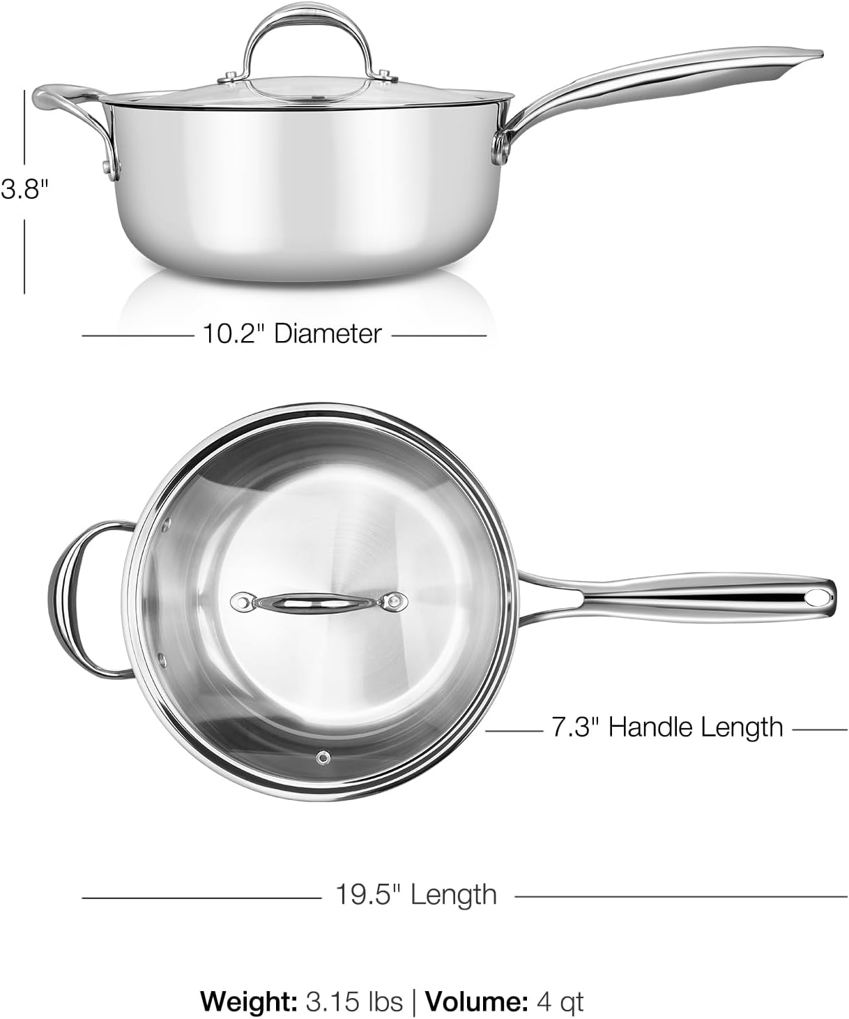 KEAWELL K3 Premium 4-Quart Tri-Ply Stainless Steel Sauté Pan with Lid, Induction & Oven Safe up to 600°F, Even Heating, Professional Cookware for All Stovetops (4-Qt)