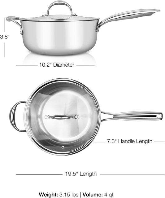 KEAWELL K3 Premium 4-Quart Tri-Ply Stainless Steel Sauté Pan with Lid, Induction & Oven Safe up to 600°F, Even Heating, Professional Cookware for All Stovetops (4-Qt)