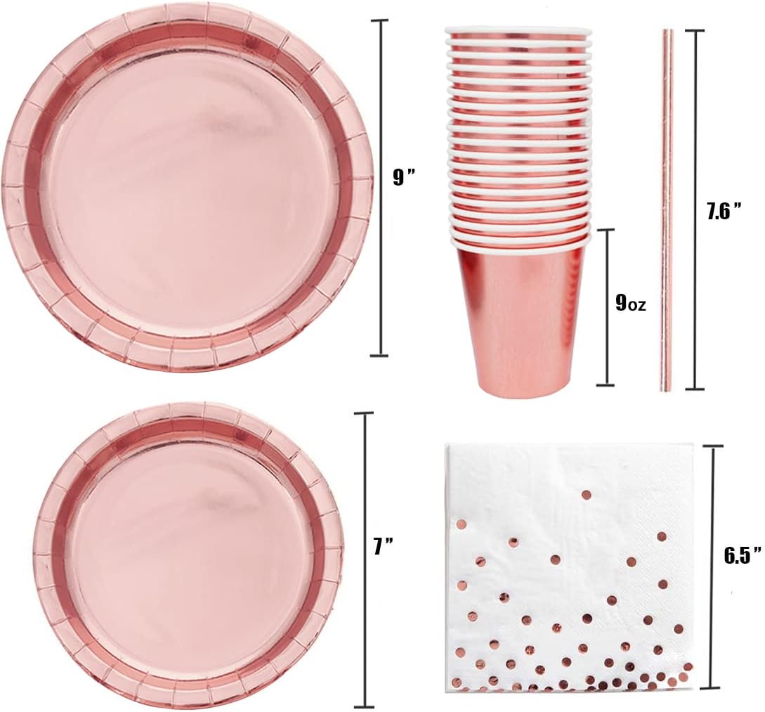 Rose Gold Birthday Party Favors for Women Rose Gold Plates and Napkins Party Supplies,Disposable Paper Plates and Cups Set for First Day of School,Bridal Shower,Baby Showers,Christmas, Serves 20