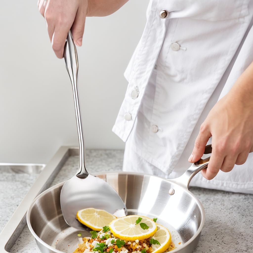 316 Stainless Steel Cooking Tool Set: saute pan spatula ladle, skimmer slotted, pasta, serving spoon, slotted spatula seasoner, dishwasher safe.