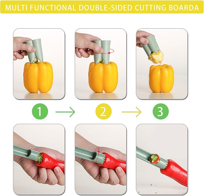 Pepper Corer, 2 in 1 Red Bell Pepper Seed Corer Remover Tool, Fruit & Vegetable Corers Quick Cave Tools for Jalapeno Cutter Deseeder, Yellow Green