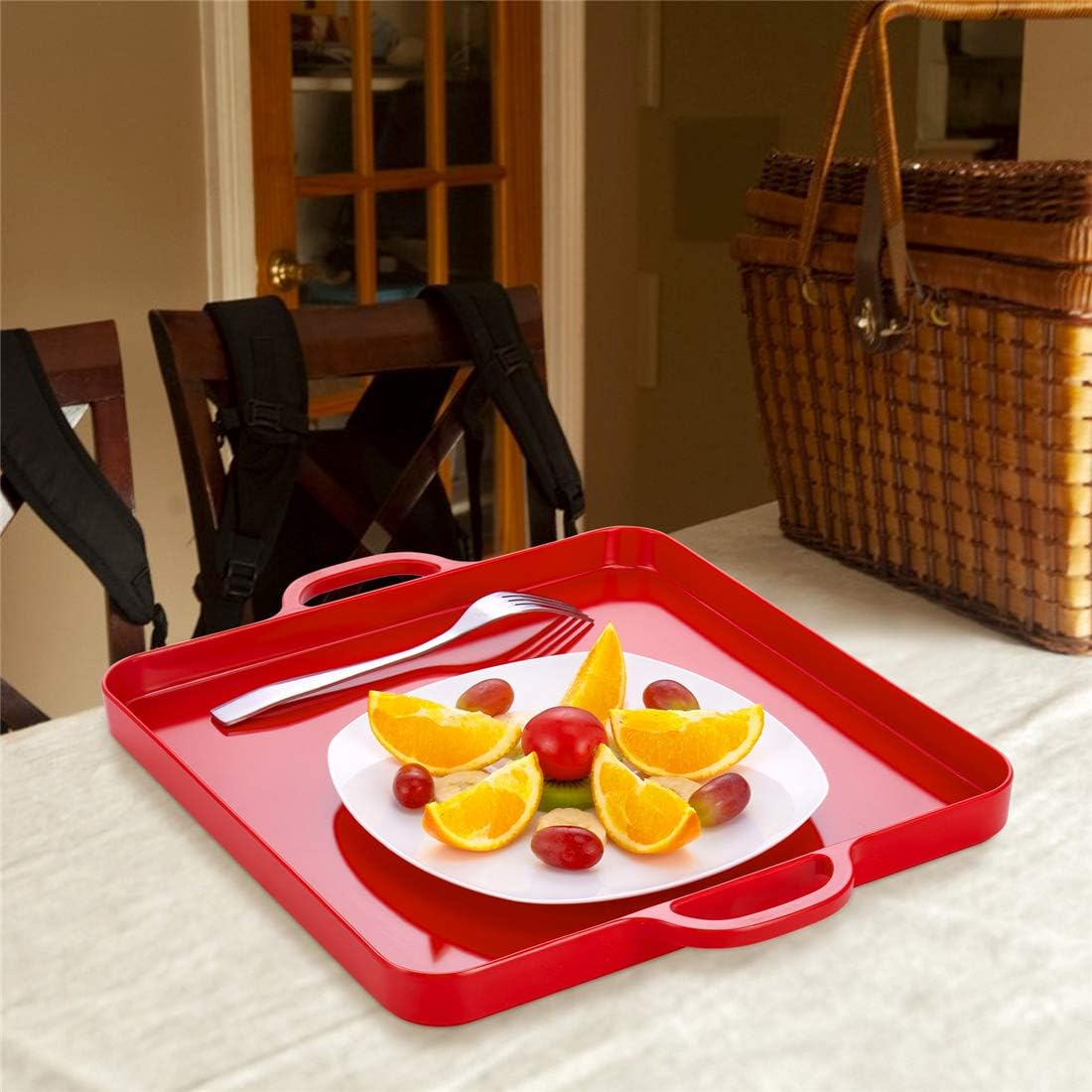 Square Serving Trays with Handles Melamine Red 12.5x12.5 Inch Spill Proof Kitchen Eating Trays Set of 2 for Cafeteria Cafe Food Appeizer Dessert Snack Dinner Lunch Breakfast,TR17-02