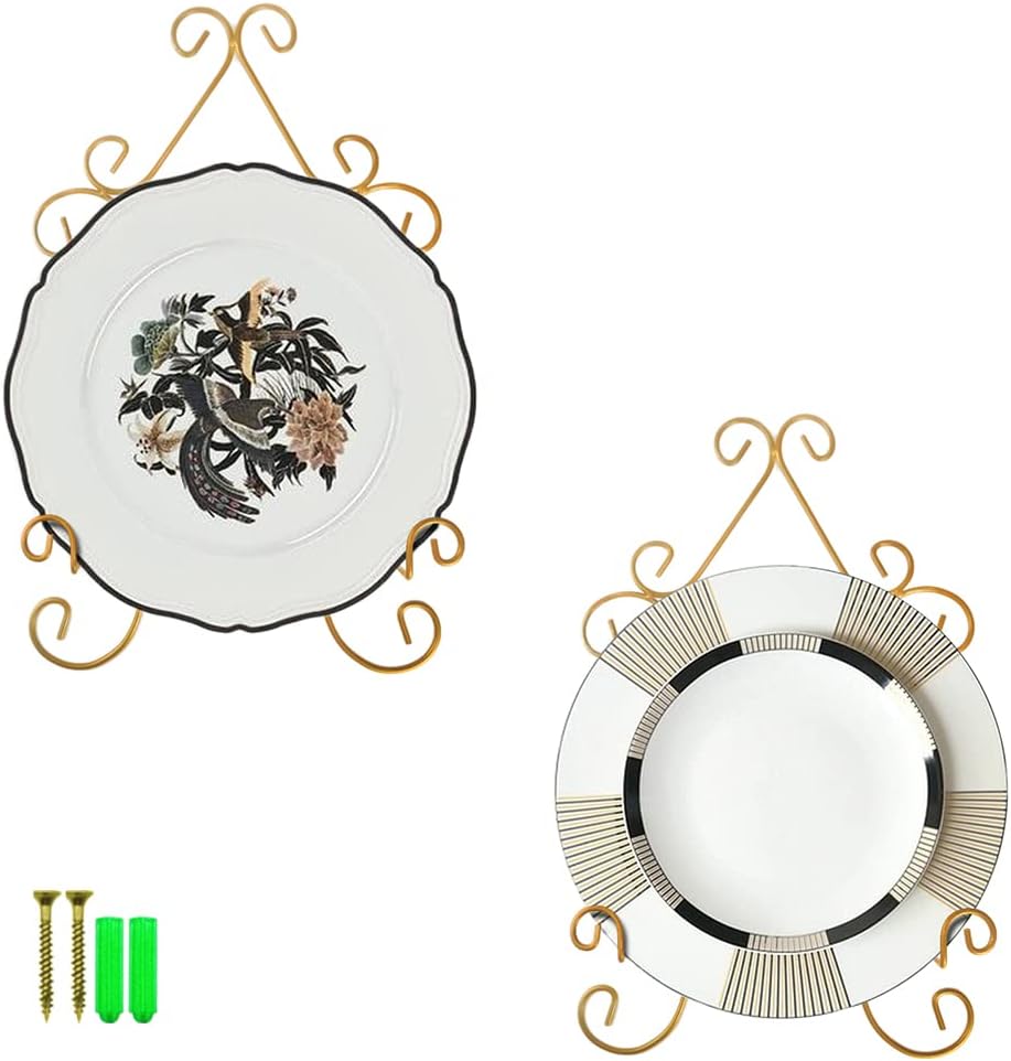 YY YEARCHY Plate Stand Holder for Wall Hanging Display Rack Art Hanger Metal Easel Photo Holder Books Bowls Platters (Yellow 2 Pack, 6 inches/9.84" x 6.3" x1.2")