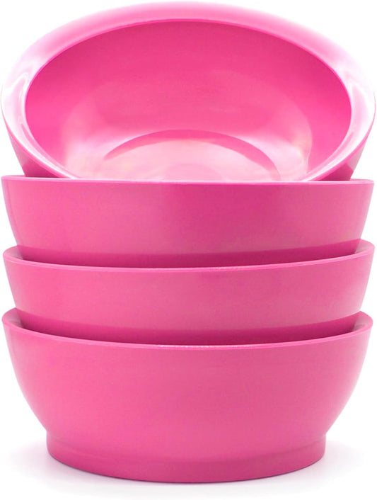 Large Non-Spill Plastic Bowl Set - 28oz Reusable Kitchen Bowls with Concave Inner Lip and Non-Slip Base - For Cereal, Soups, Mixing and Serving - Set of 4 - Pink