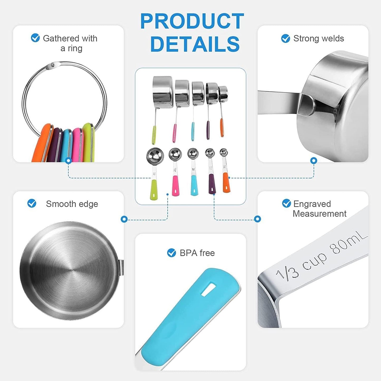 Measuring Cups and Spoons Set, Stainless Steel 11 Piece for Cooking and Baking (6 Cups + 5 Spoons, Colorful Handles)