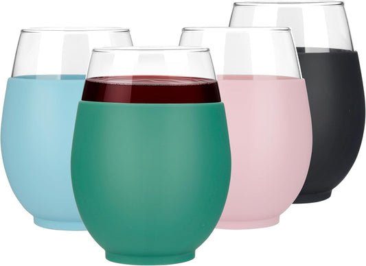 Tronco 20oz Stemless Wine Glasses Set of 4, Reusable Wine Glasses with Silicone Sleeve, Dishwasher Safe & BPA-Free, for Red & White Wine, Cocktails, Home Bar, Parties, Birthdays, Gifts
