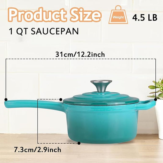 Enameled Cast Iron Sauce Pan, 1 Quart Enameled Saucepan with Lid, Mini Dutch Oven Enamel Saucepan for Cooking Pasta Sauce, Gravy, Puddings, Marinate, Boiling (Blue Green)