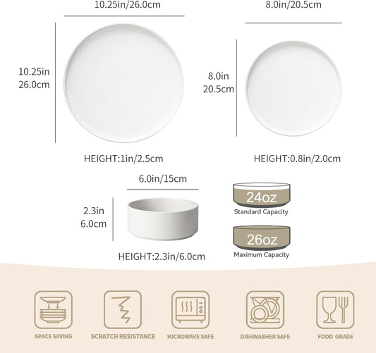 GZG Classic Series - Plates and Bowls Set for 4, 12 Piece Stoneware Dinnerware Sets, Microwave and Dishwasher Safe Lead-Free Handcrafted Ceramic Dishes Set - Ivory White