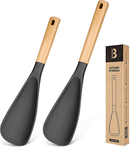 Multifunction Spatula Spoon for Nonstick Cookwares, Great for Cooking and Serving, Sturdy BPA-Free Matte Silicone, Wood Handle Spatula for Mixing, Scoop, and Scrape, Grey(2 pack,11.4" & 13.4")
