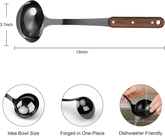 FJNATINH Soup Ladle, 304 Stainless Steel Ladle Spoon for Serving Wok Soup with Ergonomic Heat-proof Wooden Handle, [Heat Resistance, Integral Forming]