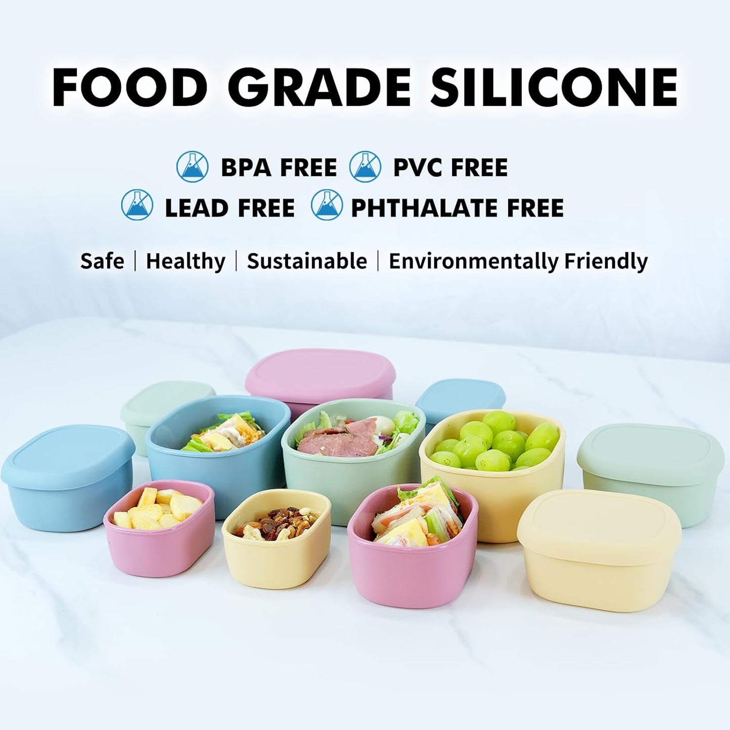 Anatole Silicone Food Storage Lunch Bento Box Set of 3 Reusable Nesting Containers with Lids BPA Free Dishwasher Microwave Oven Freezer Safe Leakproof (6.7oz, 10oz, 20oz)