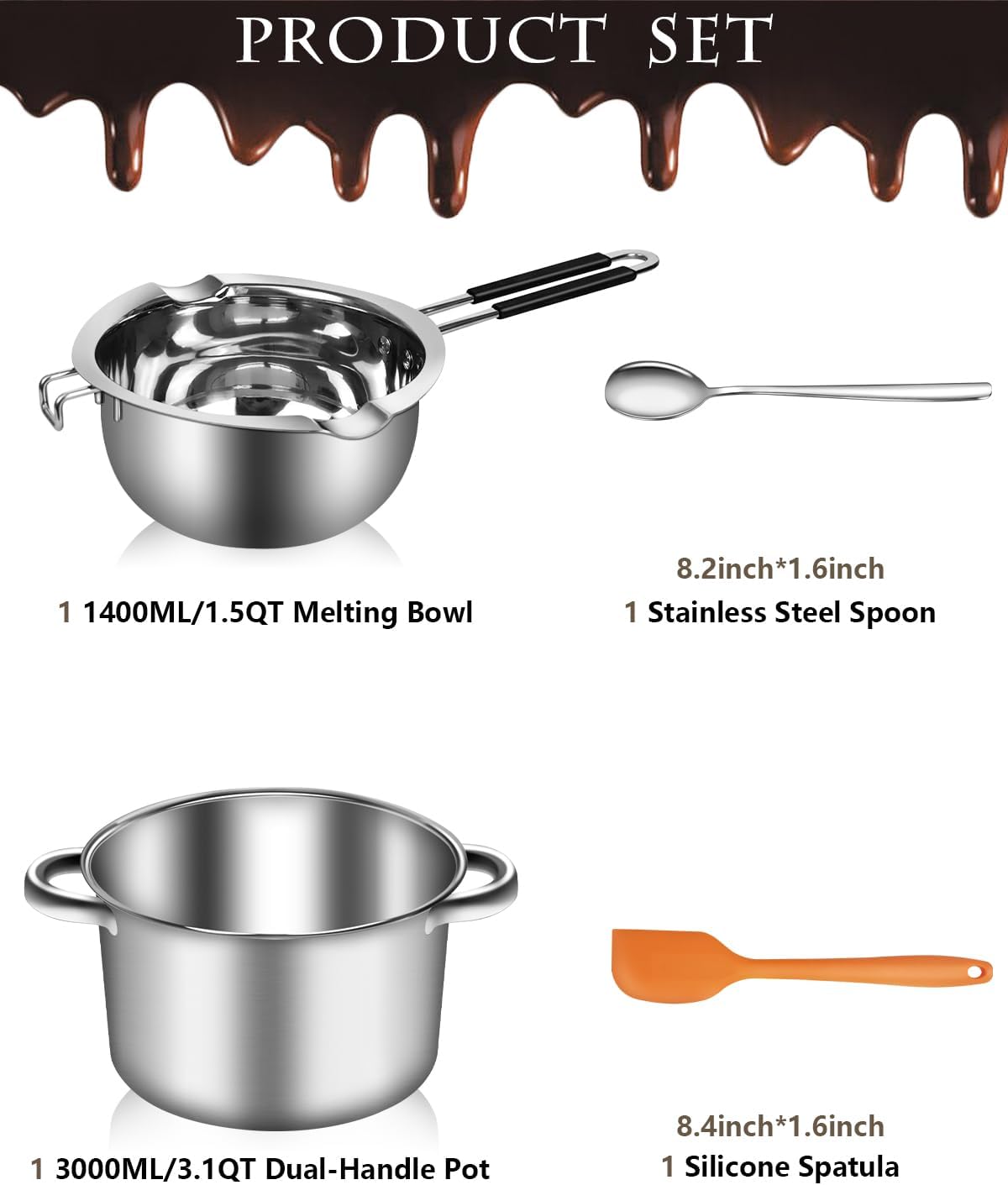 Artcome 304 Stainless Steel Melting Pot Set with Dual-Handles, Silicone Spatula & Spoon, 2600ml Pot & 1200ml Melting Bowl, Heat-Resistant Silicone Handles, Perfect for Melting Chocolate, Butter