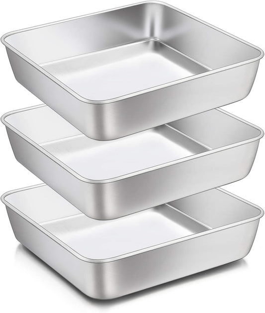 8 x 8-Inch Baking Pan, E-far Square Cake Brownie Baking Pans Stainless Steel Bakeware Set of 3, Fits in Small Toaster Oven, Non-toxic & Dishwasher Safe