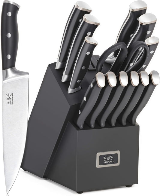 Newly Updated Premium Chef Knife Set,High Carbon Stainless Steel Forged,Sharp Kitchen Knife Set Ergonomic Handle,Hundreds of Years of Masterful Craftsmanship(Black Silver,15PCS)