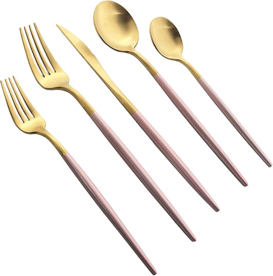 Silverware Set, Hand polished Matte Gold Pink Flatware Cutlery Set Service for 4, Satin Finish 20 Pieces 18/10 Stainless Steel Utensils Set for Home and Restaurant, Dishwasher Safe