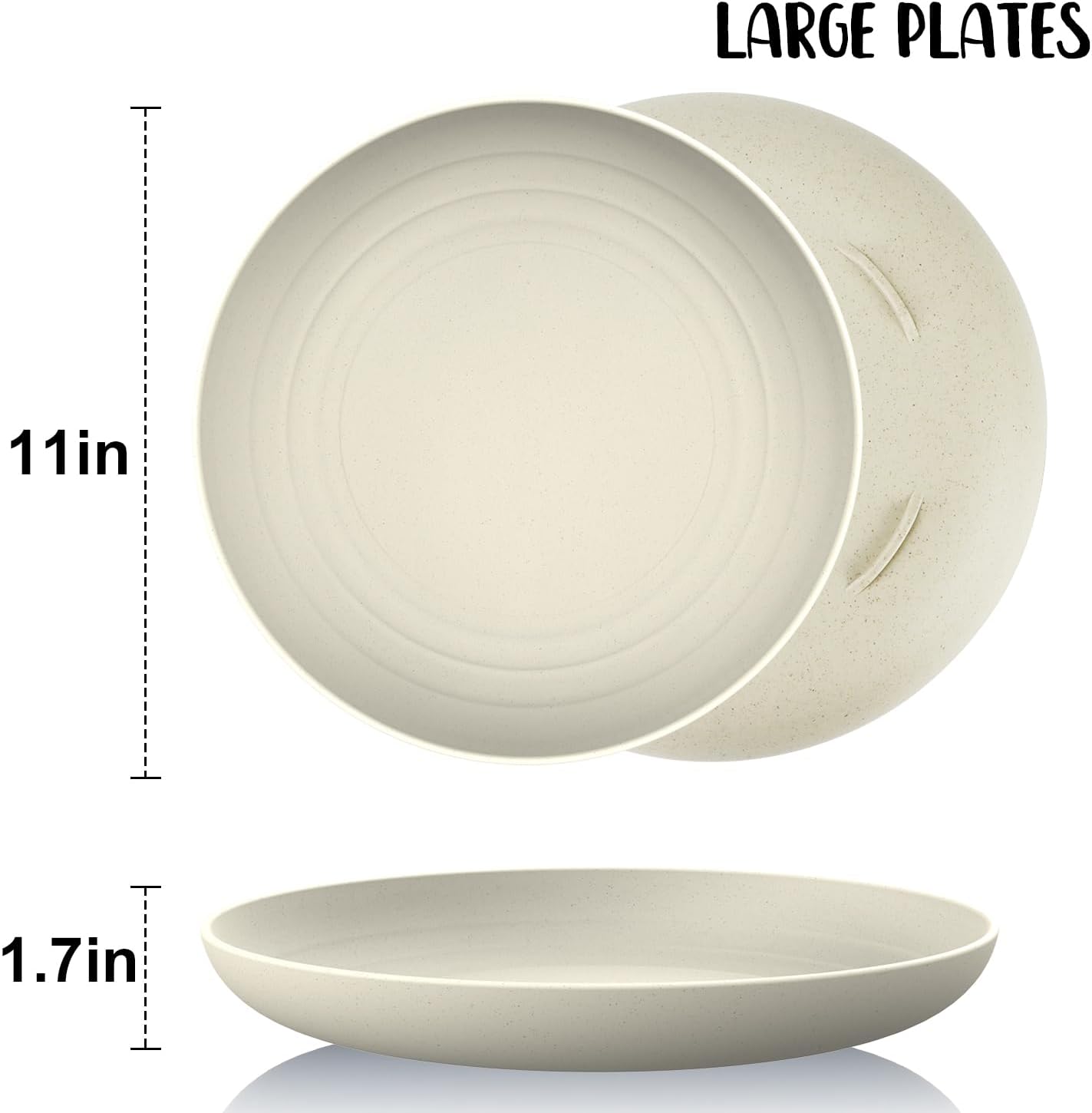 11 Inch Wheat Straw Plates - 8 Piece Set, Unbreakable Dinner Plates, Microwave Safe, Beige