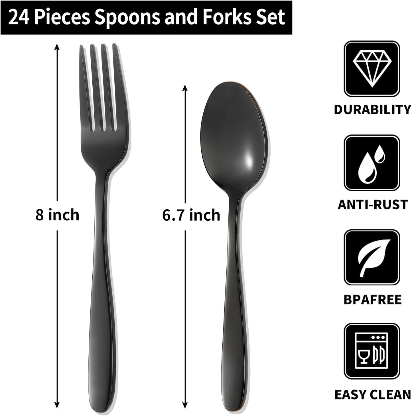 24-piece Black Forks and Spoons Silverware Set, Stainless Steel Flatware Cutlery Set for Home, Kitchen and Restaurant, Black Spoon and Fork Set,Dinner forks Mirror Polished