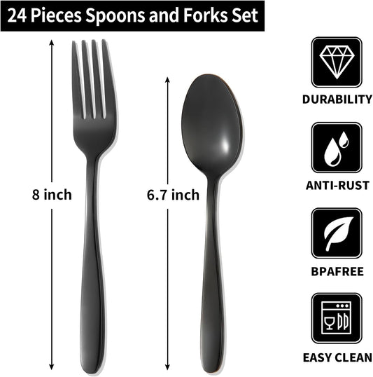 24-piece Black Forks and Spoons Silverware Set, Stainless Steel Flatware Cutlery Set for Home, Kitchen and Restaurant, Black Spoon and Fork Set,Dinner forks Mirror Polished