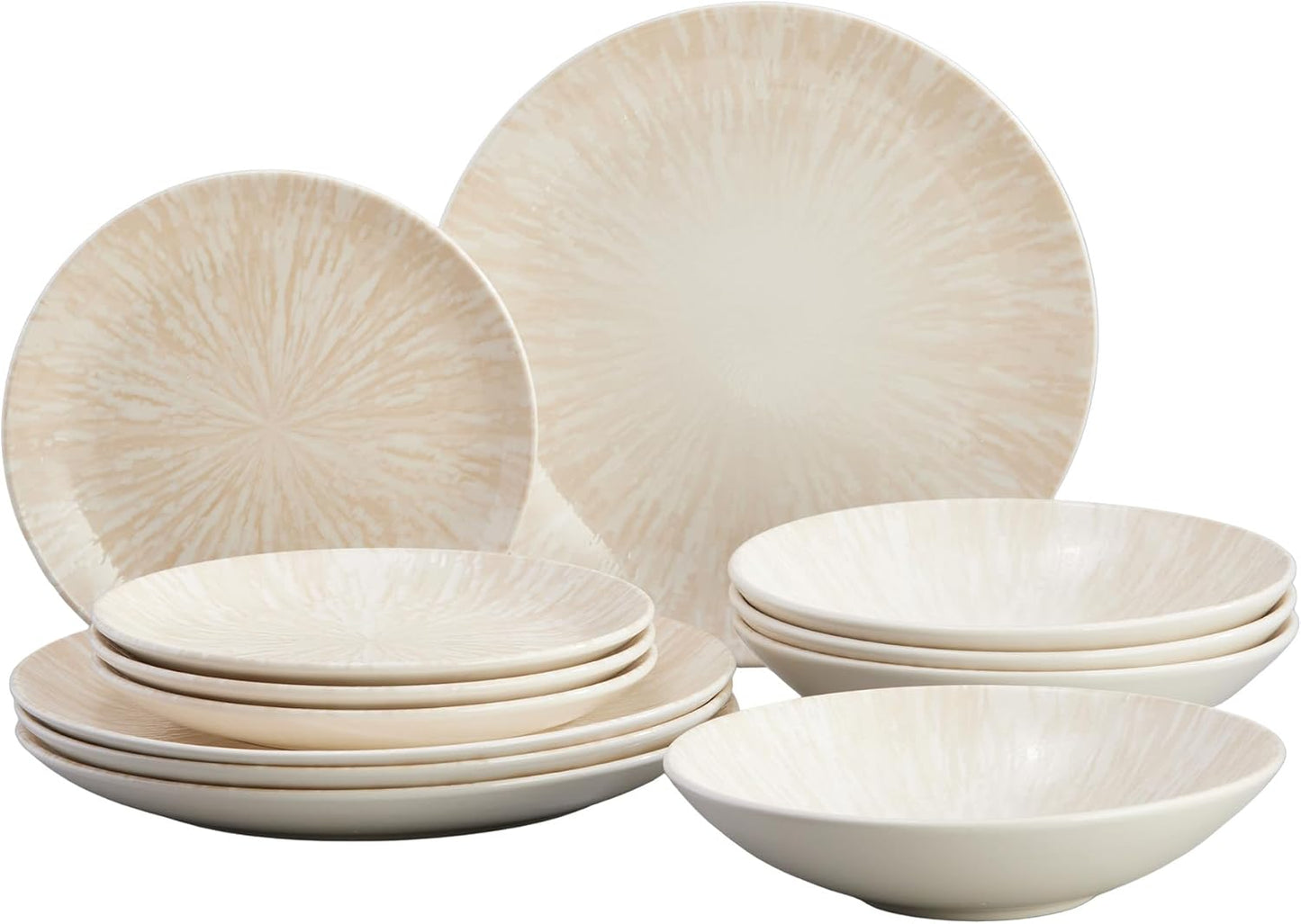 Corona 12-Piece Light Sandy Beige Ceramic Dinnerware Sets, Plates and Bowls, Service For 4, Nyssa