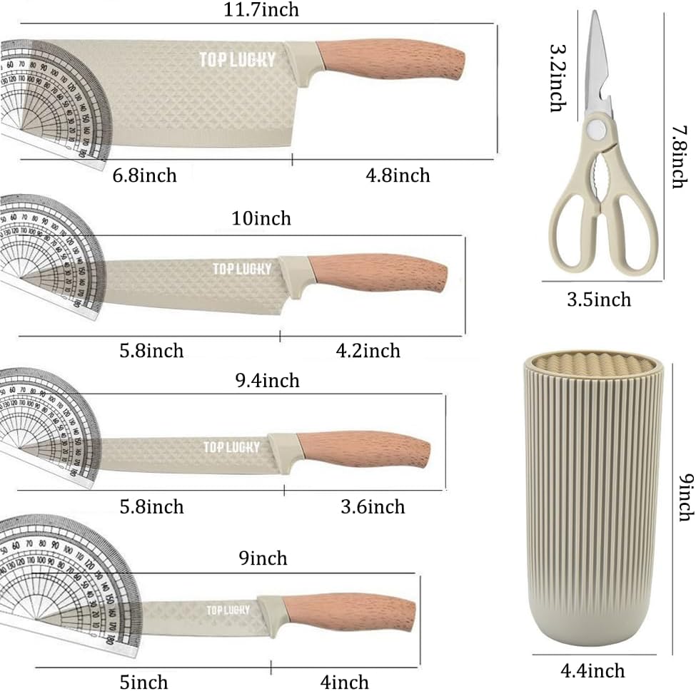 Knife Set, Wiztoynia 6-Piece Khaki Kitchen Knife Set for Home, Anti-Rust Non-stick Stainless Steel Sharp Chef Knife Sets with Universal Knife Block for Kitchen, Ergonomical Design (Khaki)