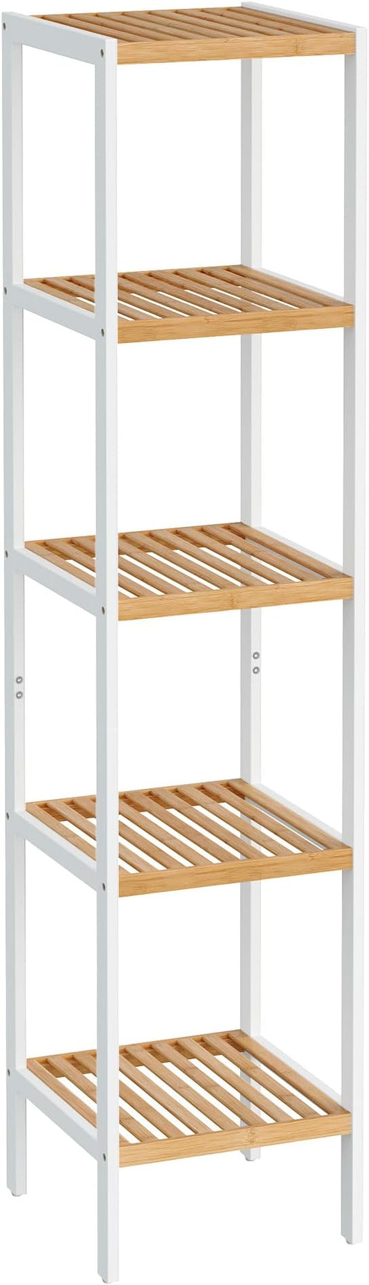 SONGMICS Bamboo Storage Shelf, 5-Tier Shelving Unit, Multifunctional, in The Entryway, Bathroom, Living Room, Balcony, Kitchen, 13 x 13 x 57.5 Inches, Cloud White and Light Bamboo UBCB055N01