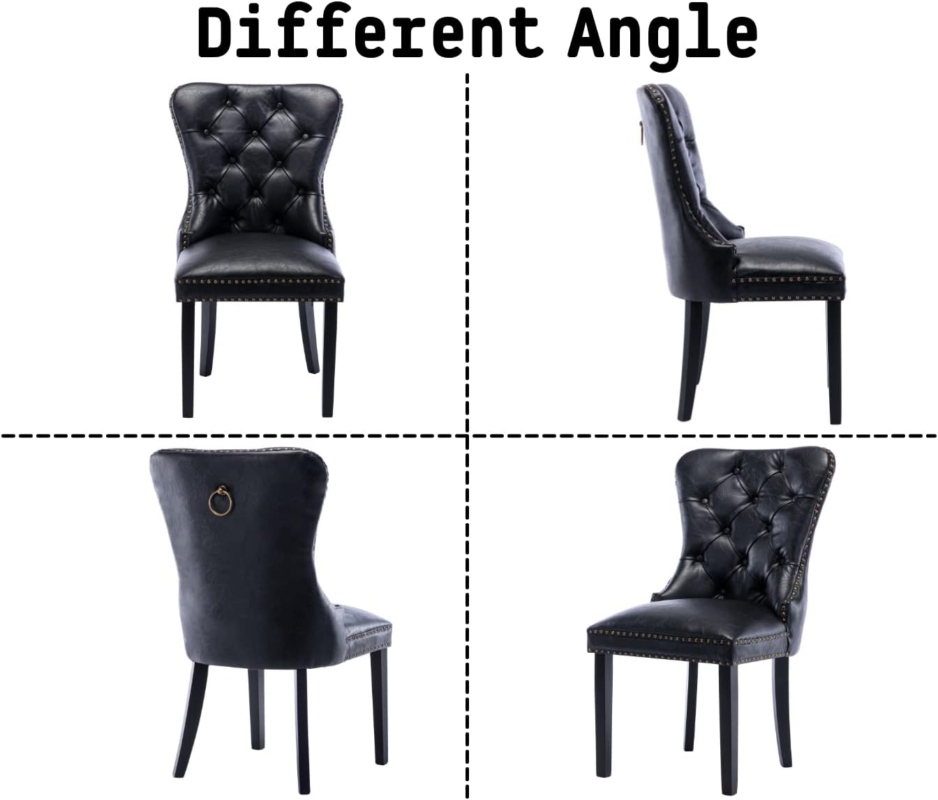 Black Leather Dining Chairs Set of 2 Mid Century Modern Tufted Chairs Armless Rubber Wood PU Vintage Furniture Chairs Upholstered Nailhead Side Chair with Pull Ring for Kitchen/Cafe