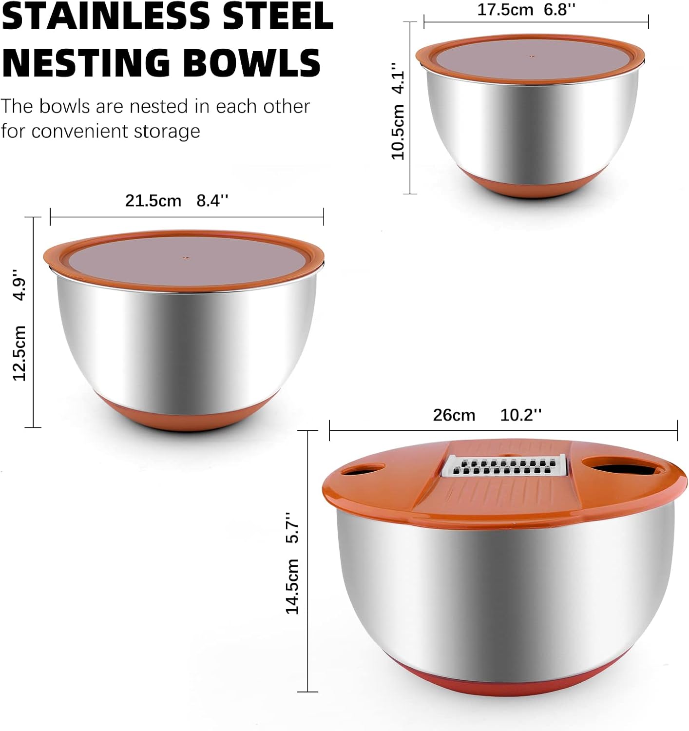 Mixing Bowls with Lids Set,3 Pieces Stainless Steel Nesting Bowls Vegetables Slicer Non-Slip Mixing Bowl for Baking Prepping Cooking(Orange)