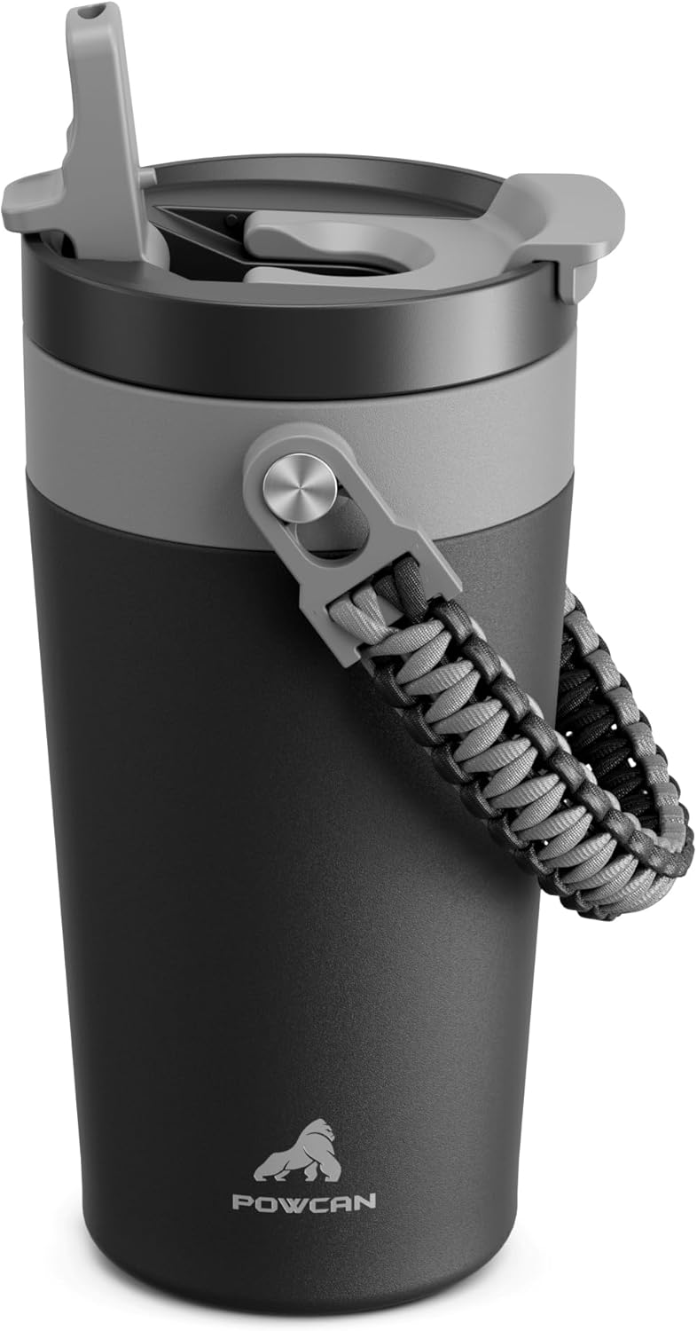 16 oz Insulated Coffee Mug for Travel: 2-in-1 Straw Flip Lid, Keep Cold 24H, Fit in Car Cupholder, Leakproof, Stainless Steel Coffee Tumbler with Handle for Work, Outdoor, Gifts and Home (Midnight)