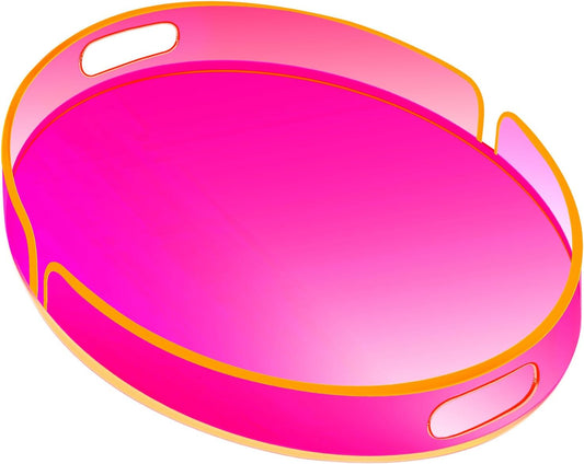 Acrylic Serving Tray with Handles Large Decorative Ottoman Tray 17x13'' Round for Bathroom Food Coffee Fruit Snack Tea Dinner Living Room, Neon Pink