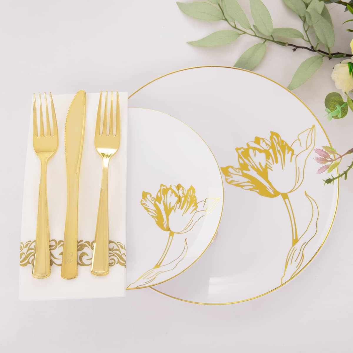 Nervure 175PCS White Plastic Plates - Floral White Gold Disposable Plates Include 50Plates, 25Forks, 25Knives, 25Spoons, 25Cups, 25Napkins Perfect for Wedding & Party