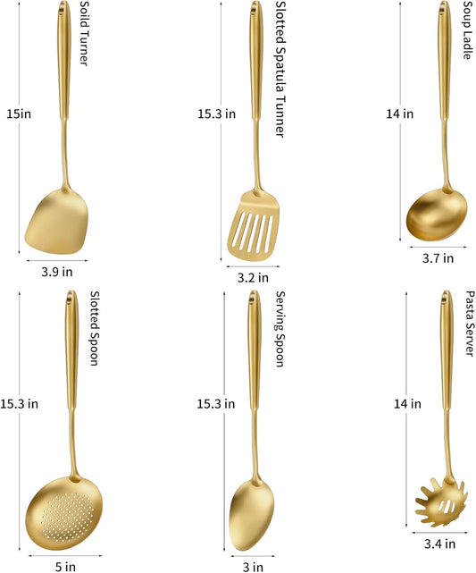 304 Stainless Steel Cooking Utensils,6 Pcs Kitchen Cooking Utensils Set with Spatula, Solid Spoon, Ladle, Skimmer, Spaghetti Spoon,Dishwasher Safe(Gold)